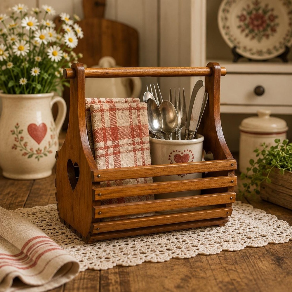 Vintage Wooden Caddy Heart Cutout Slatted Basket Napkin Holder Farmhouse Kitchen